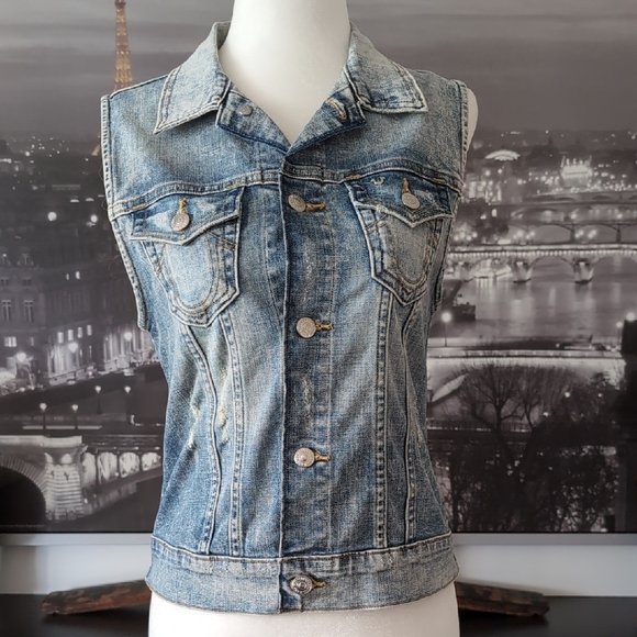 True Religion Blue Jeans Classic Distressed Style Women's Vest,Size XS. - Picture 1 of 10